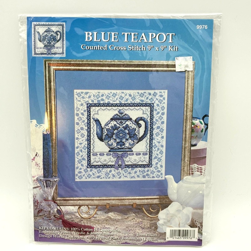 Design Works Blue Teapot Cross Stitch Kit 9976 Blue Willow Tea Kitchen 9" New